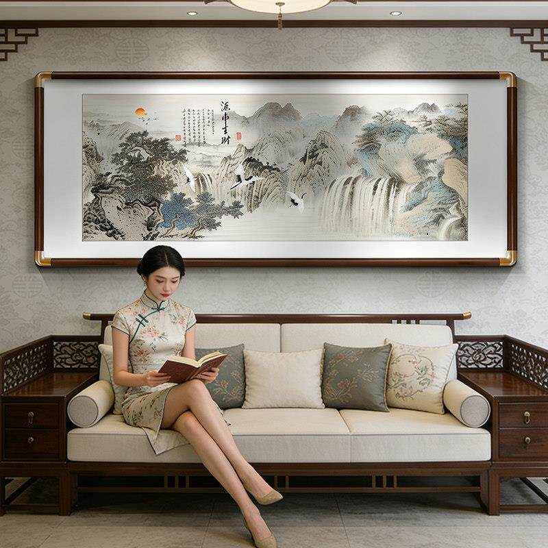 新中式客厅沙发背景墙装饰画流水生财挂画山水风景国画办公室壁画