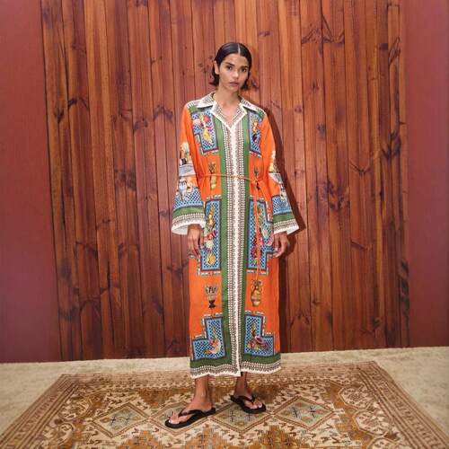 Cotton and linen printed long suit collar dress for women