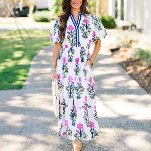 Women Floral Print V Neck Puff Sleeve Waist Maxi Dress