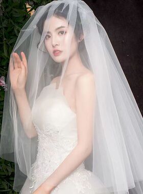 复古韩国拍照头纱长款高清软纱白色婚纱摄影单层新娘轻薄舞蹈素纱