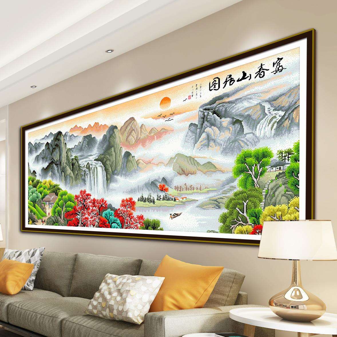 跨境热卖富春山居图山水画十字绣印花手工刺绣客厅装饰风景画
