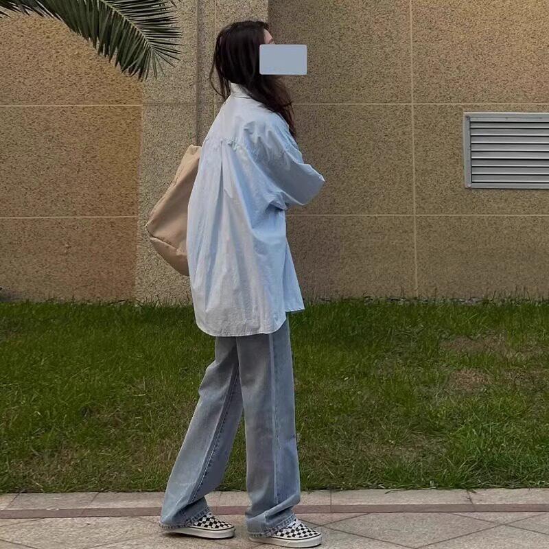 日系蓝色薄款长袖衬衫外套女2025春夏新款百搭慵懒风小众宽松上衣