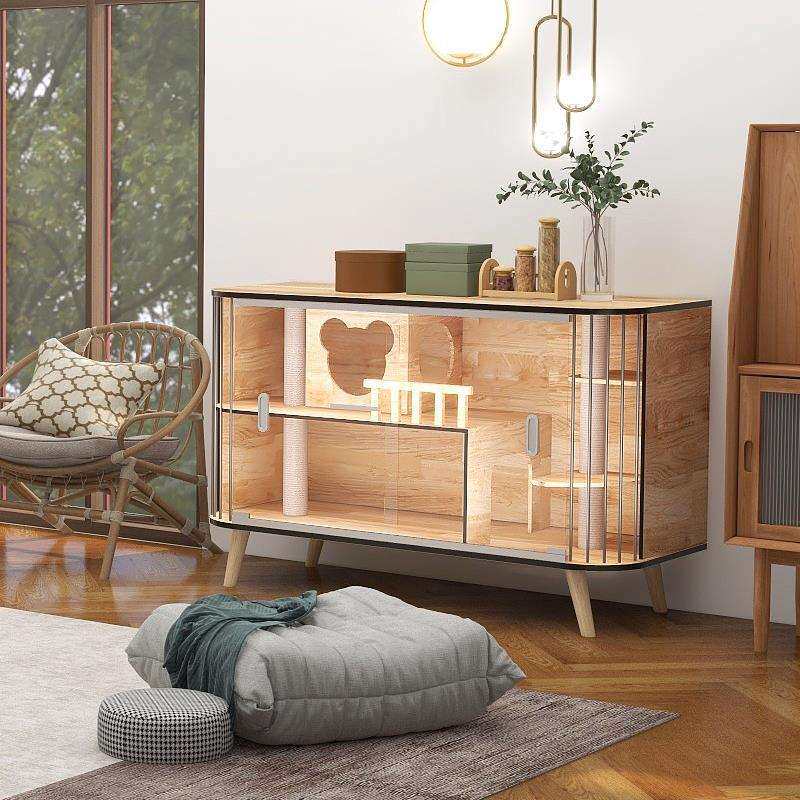 电视柜猫窝玻璃柜实木猫柜室内猫别墅猫笼人宠共用双层猫屋展示柜