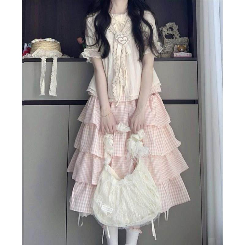 少女感甜妹套装花边短袖衬衫上衣+粉色格子中长版蛋糕半裙两件套