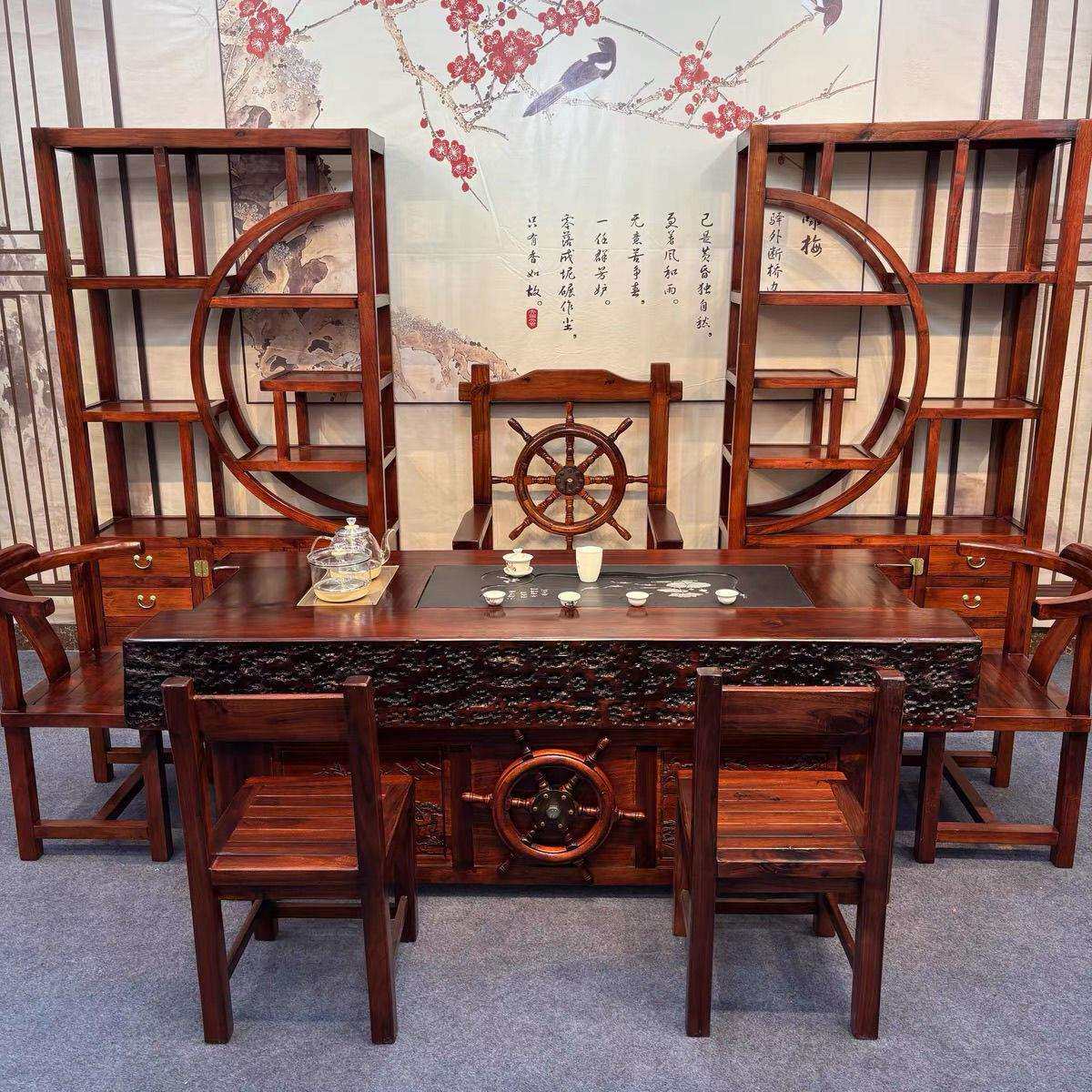 老船木茶桌椅组合全实木榫卯高档办公茶桌烧水泡茶茶几复古茶台