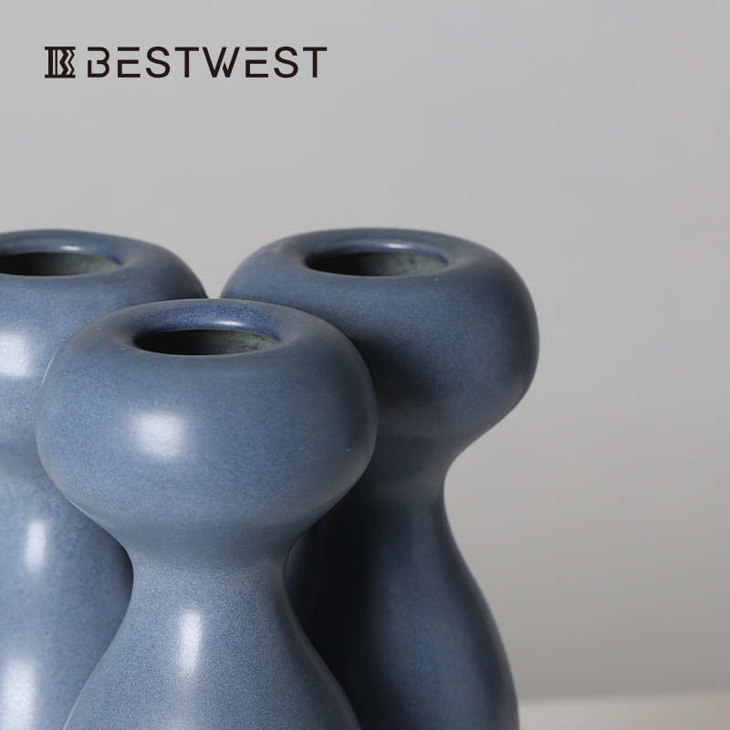 Best west 密蓝色不规则法式陶瓷花瓶摆件 轻奢家居高档艺术花器