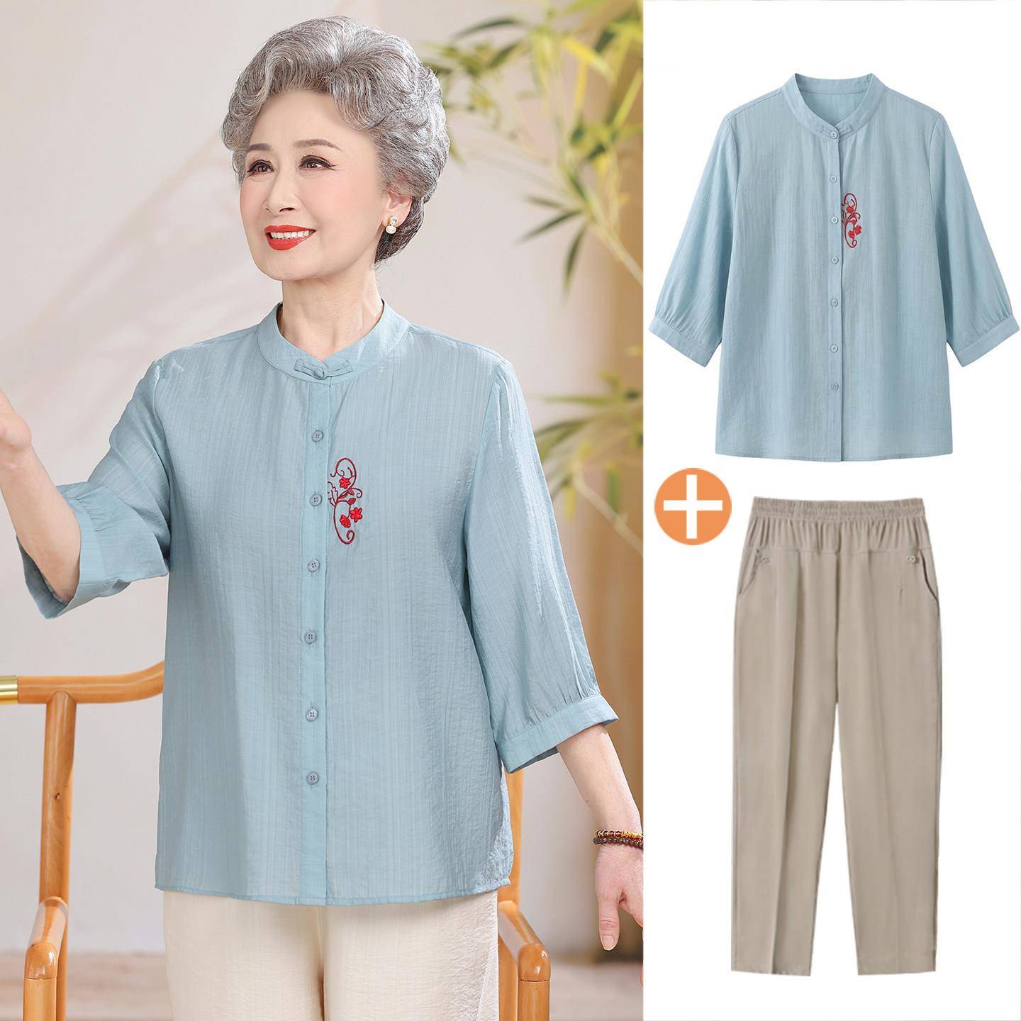 老年人纯棉麻衬衫女妈妈太太夏装七分袖衬衣服70岁80奶奶中袖套装