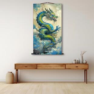 青龙献瑞画像祥龙云海挂画供奉装饰画玄关书房背景墙卷轴丝绸挂画