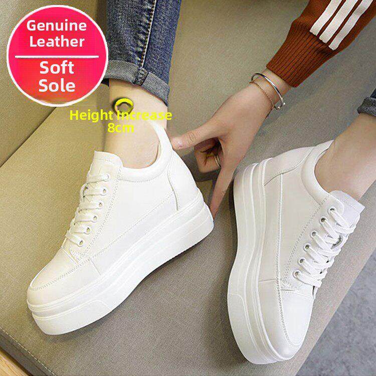 内增高真皮白色女鞋2025新款春季8厘米厚底平底鞋轻便休闲运动鞋