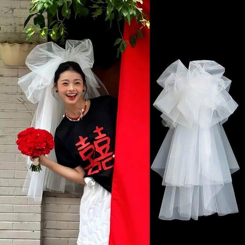 新娘头纱婚纱头饰抓泡云朵蓬蓬纱黑色韩式领证登记拍照道具高级感