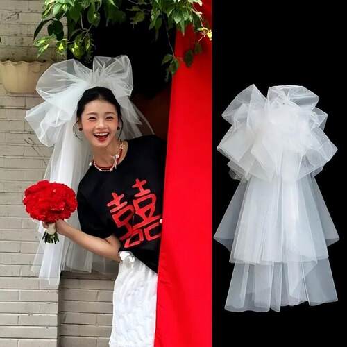 新娘头纱婚纱头饰抓泡云朵蓬蓬纱黑色韩式领证登记拍照道具高级感