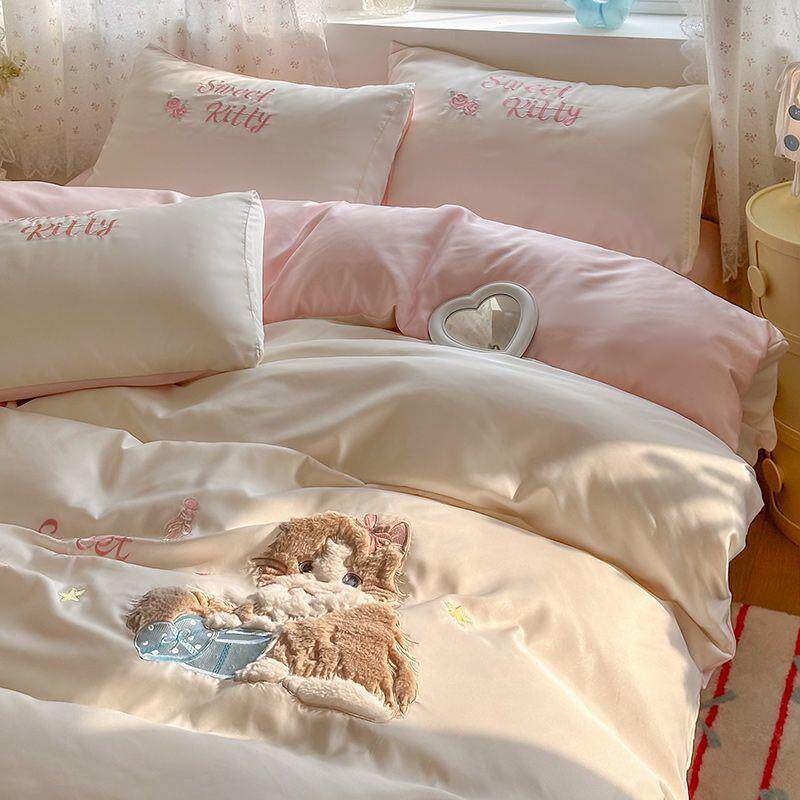 夏季冰丝床上四件套夏天丝滑被套床单水洗贴布绣宿舍三件套床