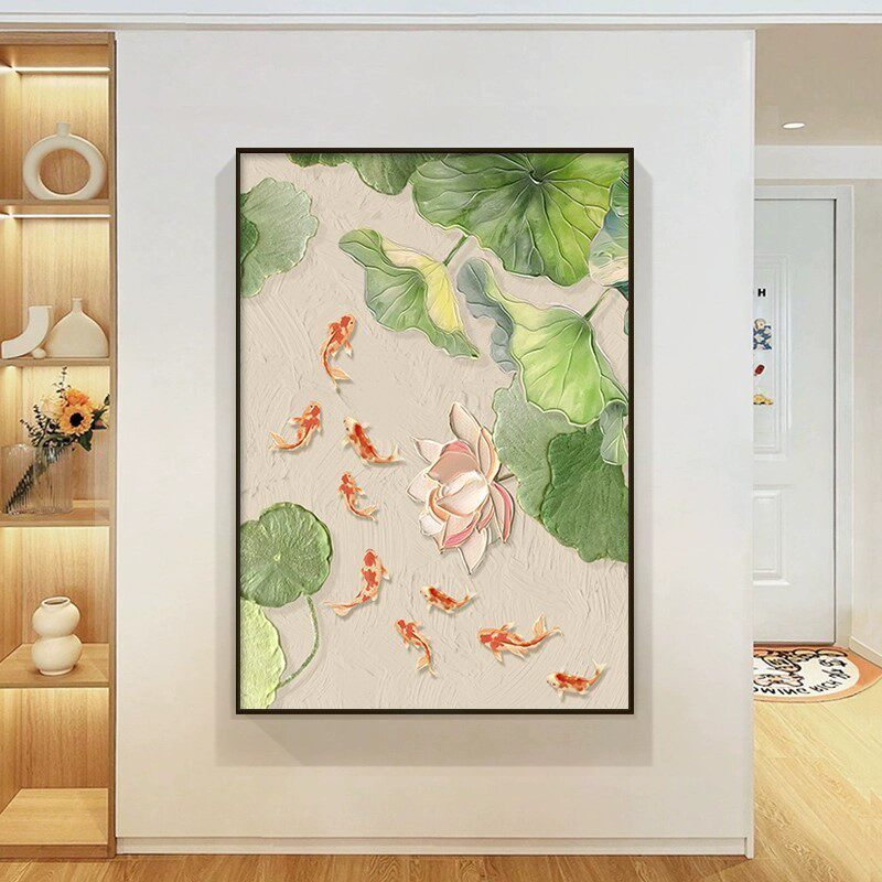 九鱼聚财玄关装饰画餐厅书房茶室挂画客厅卧室办公室中式荷花挂画
