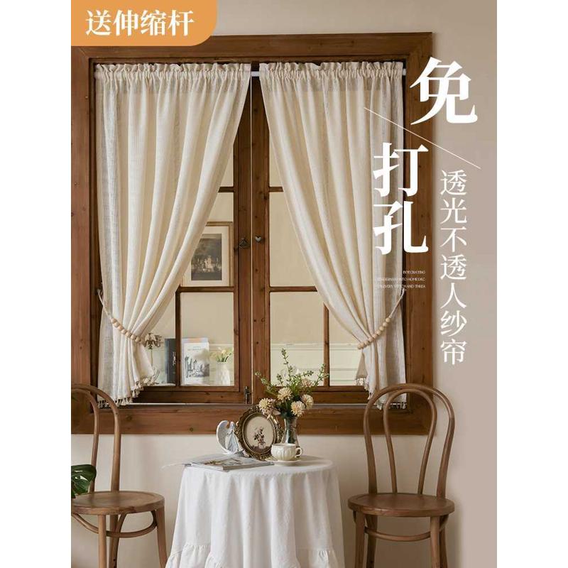 法式流苏纱帘透光不透人免打孔窗帘短款半帘棉麻遮阳飘窗隔断门帘图片