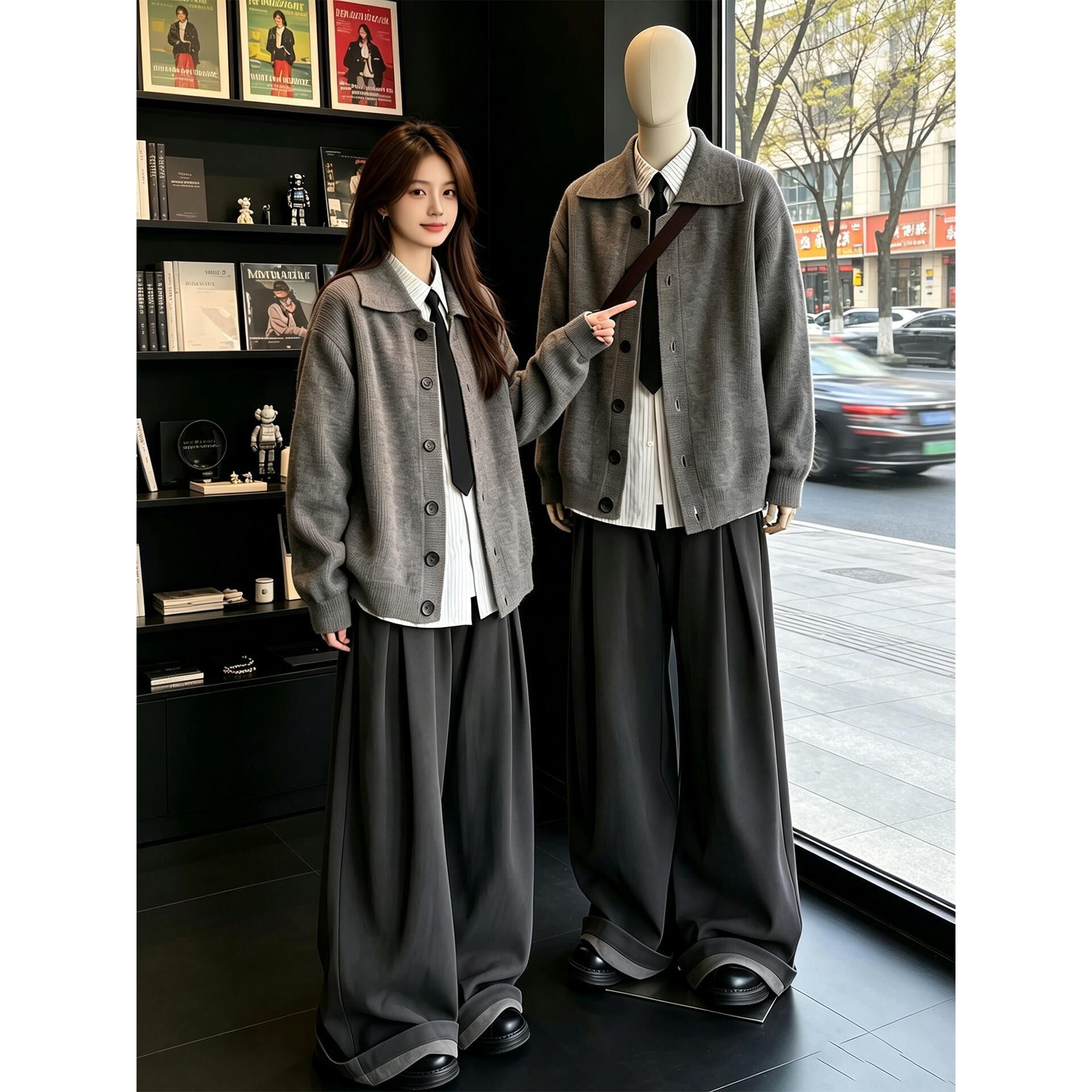 潮牌日系翻领开衫毛衣外套休闲阔腿西裤一套男款秋季穿搭慵懒套装