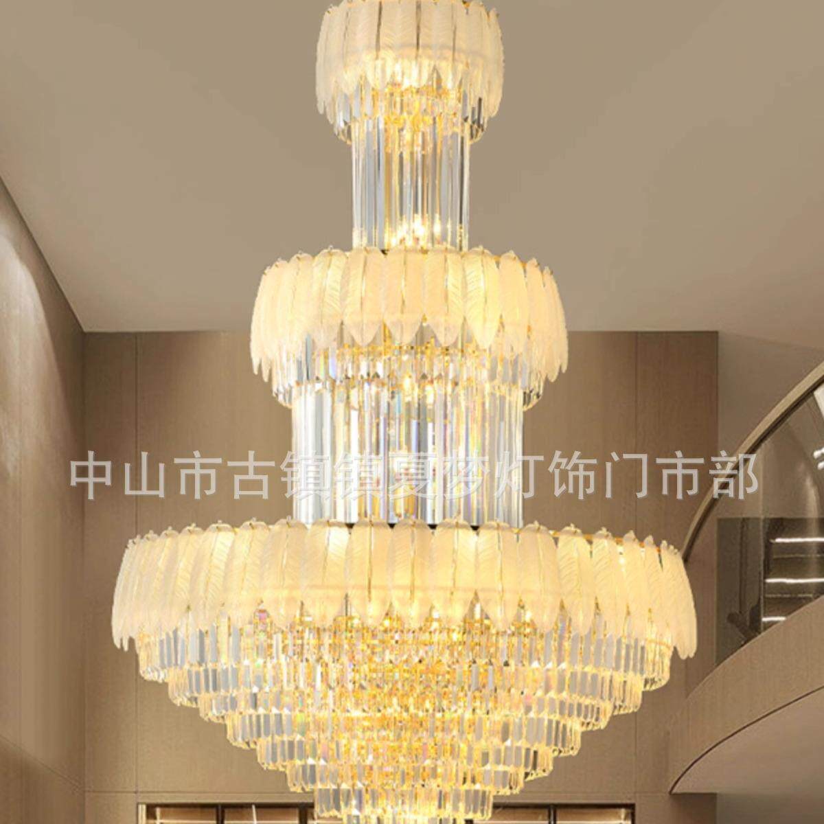 复式楼客厅大吊灯别墅楼中楼欧式水晶灯后现代轻奢旋转楼梯长吊灯