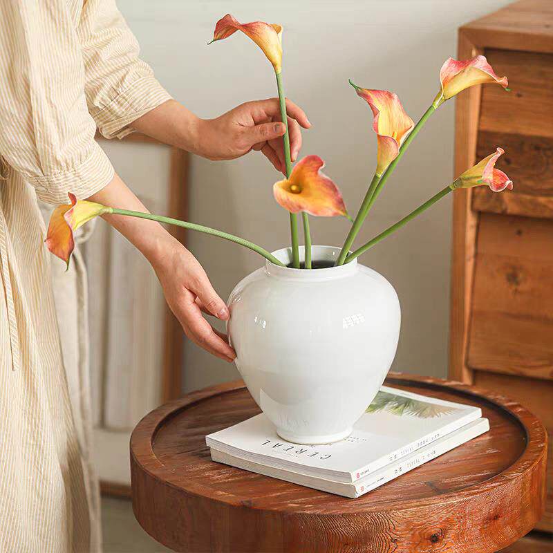 简幽白色陶瓷花瓶摆件大肚客厅 侘寂风高品质摆设陶罐