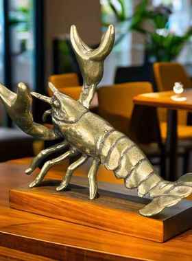 实心黄铜小龙虾摆件复古纯铜笔架笔托书房办公桌装饰品工艺品收藏