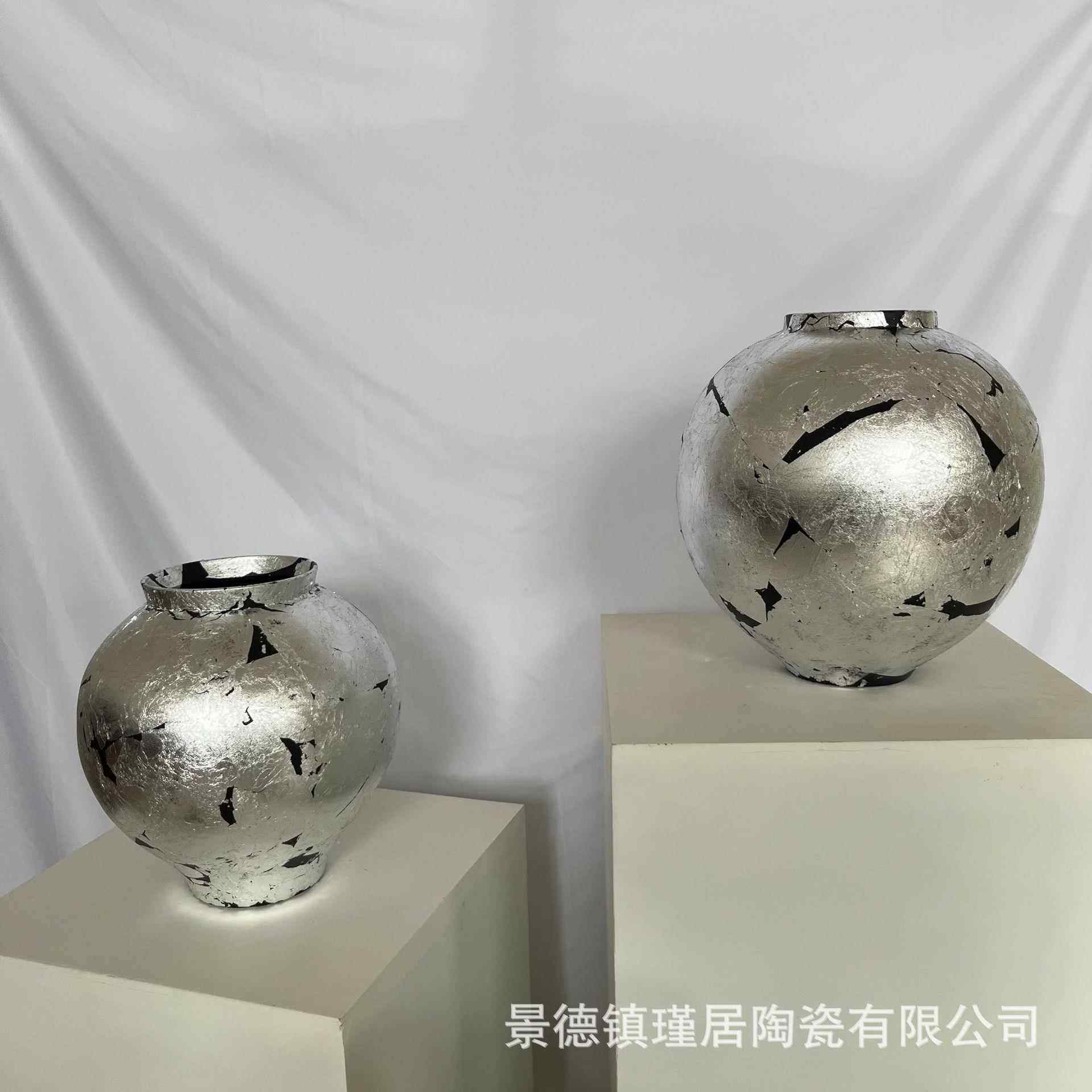 轻奢风手作陶瓷花器银箔极简风软装搭配花瓶摆件台面、玄关电视柜