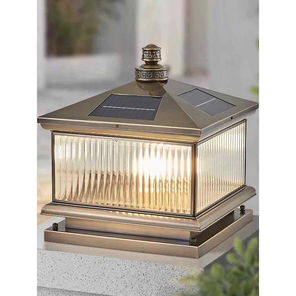 全铜太阳能柱头灯家用院子柱子灯别墅围墙灯户外防水庭院灯大门灯