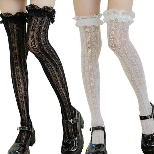 Women Lolita Fishnet Thigh High Socks Style Heart Striped La