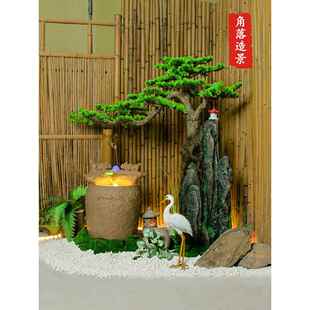 室内景观造景客厅玄关茶室楼梯下布置仿真迎客松水景流水装饰摆件