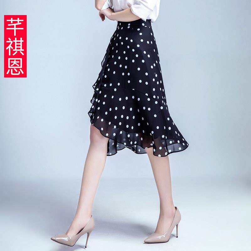 波点雪纺半身裙女夏2025新款高腰荷叶边短裙小个子中长版鱼尾裙子