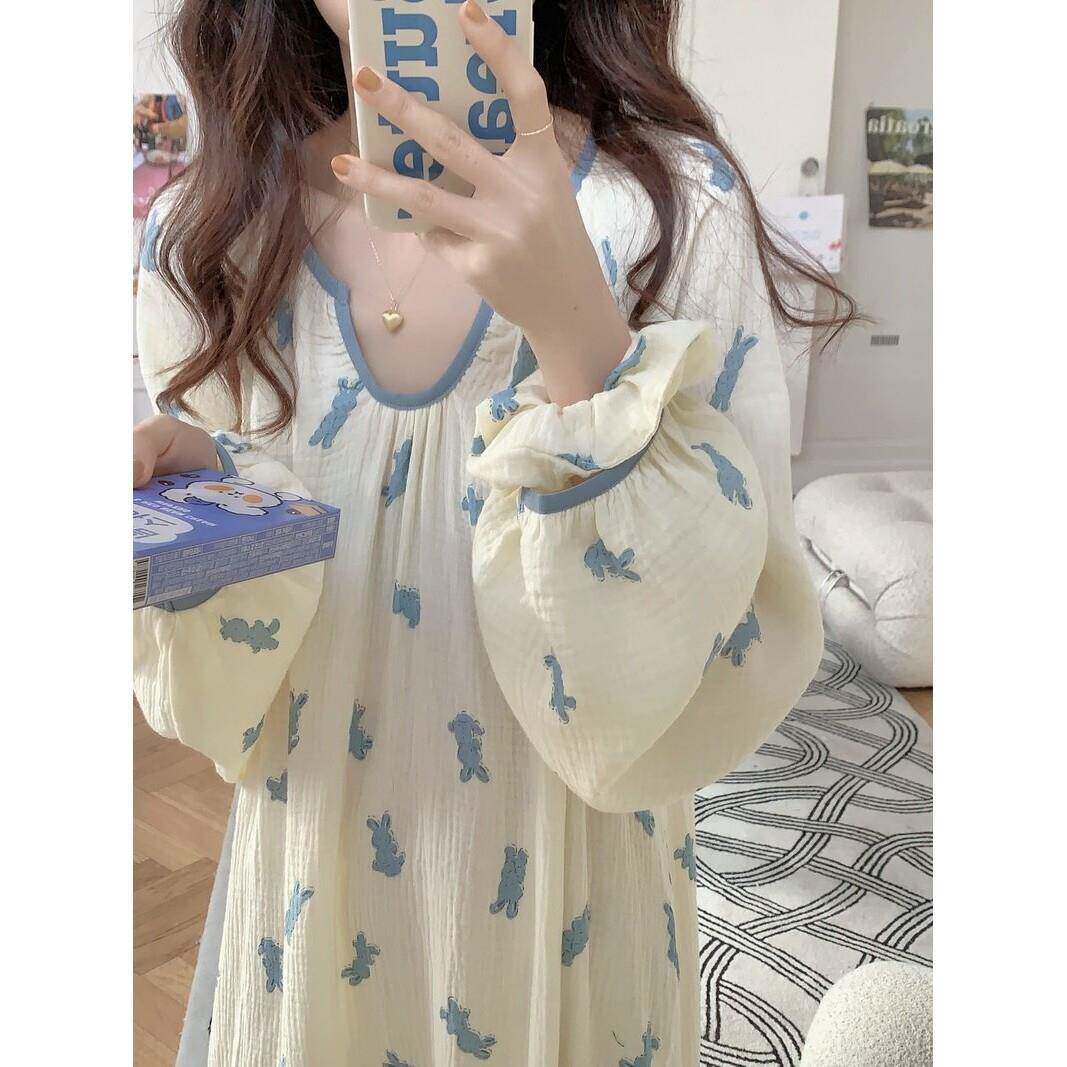 长袖睡裙女夏季深V领简约宽松蓝色兔子纯棉纱布家居服睡衣带发圈
