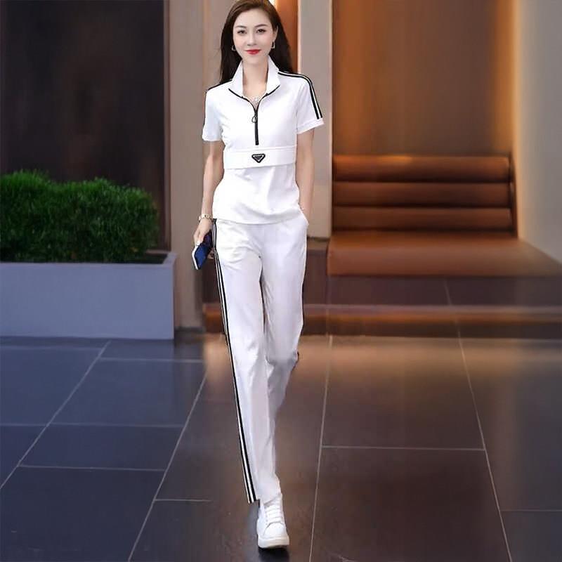 冰丝休闲运动套装女夏季2026新款减龄显瘦半拉链短袖直简裤两件套