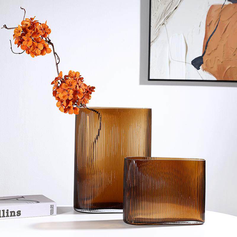 几何琥珀色装竖设纹计扁方璃花瓶样玻板房SS24-053餐厅桌面插花软