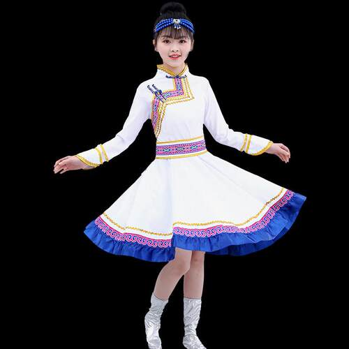 正品儿服童蒙族草原小古骏舞蹈服装女童白色吉马祥蒙服筷子舞演出