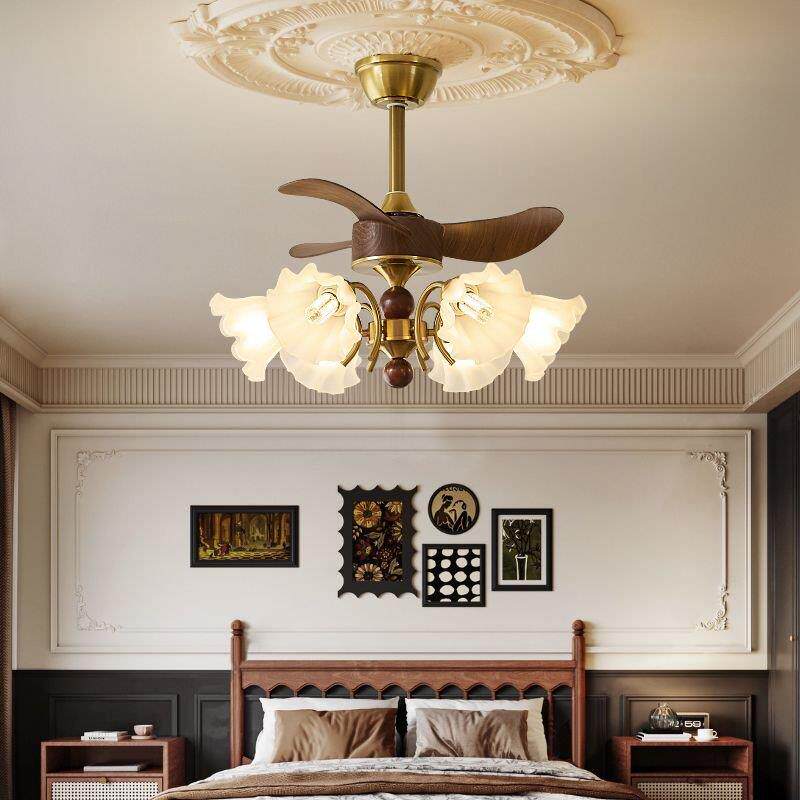 美式花朵风扇客厅吊灯复古胡桃木色餐厅卧室灯金色一体静音吊扇灯