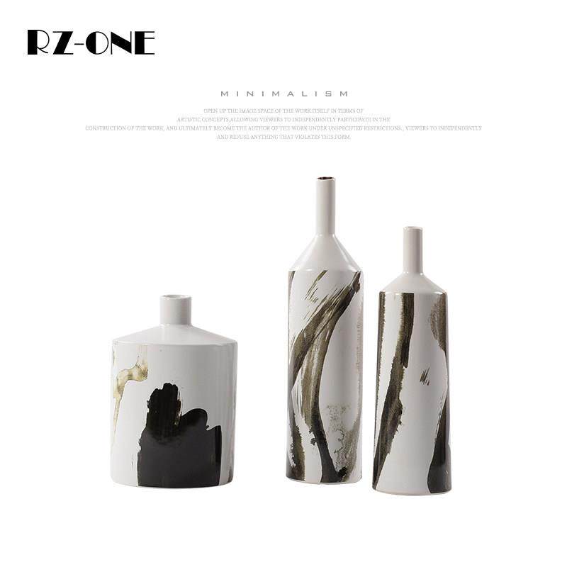 rzone 现代简约陶瓷花瓶水墨花纹新中式橱窗工艺品摆件样板房摆件