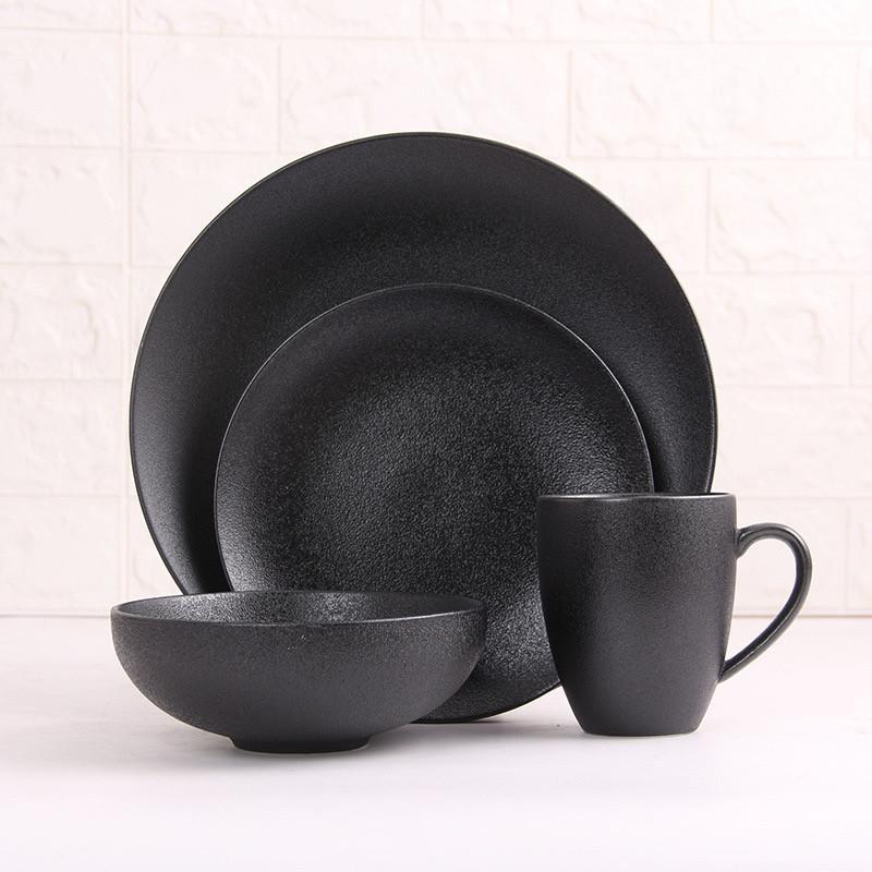 ceramic black plates bowl dinnerware Set of 4 set of 16件套 - 实物图