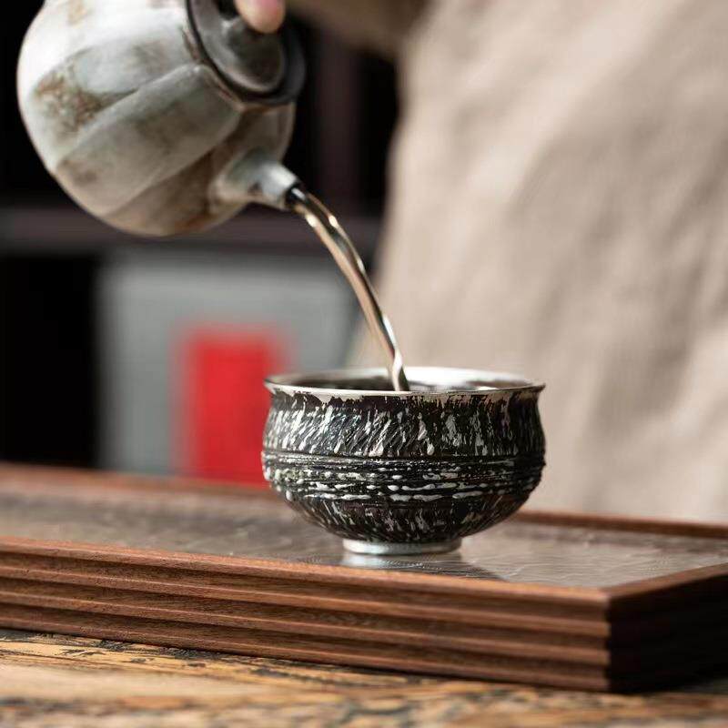 手作志野复古银彩罗汉茶杯家用鎏银杯茶盏随手礼主人手工杯子陶瓷