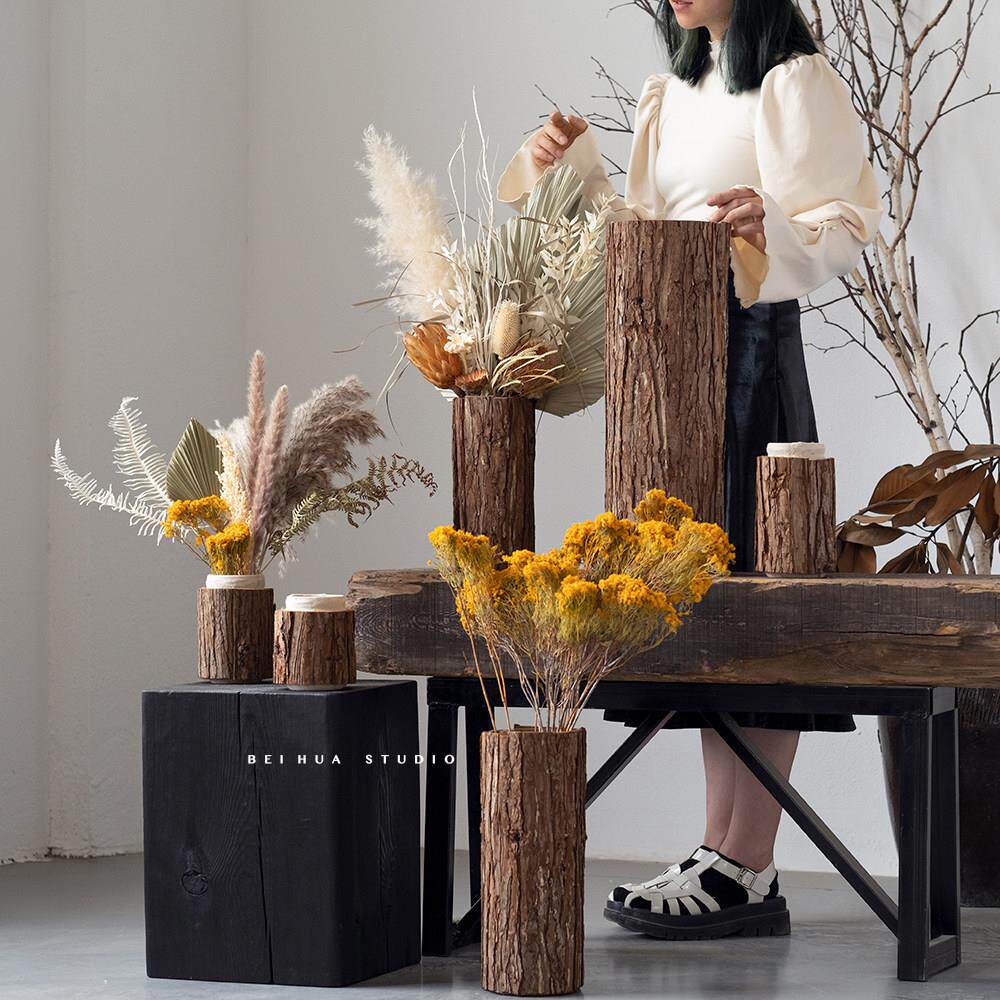 创意覆古树皮花瓶摆件 餐桌客厅插花玄关电视柜天然干 干燥花花束
