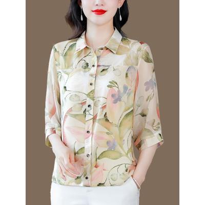 中老年人真丝衬衫女大码宽松印花衬衣时尚气质妈妈夏装桑蚕丝上衣