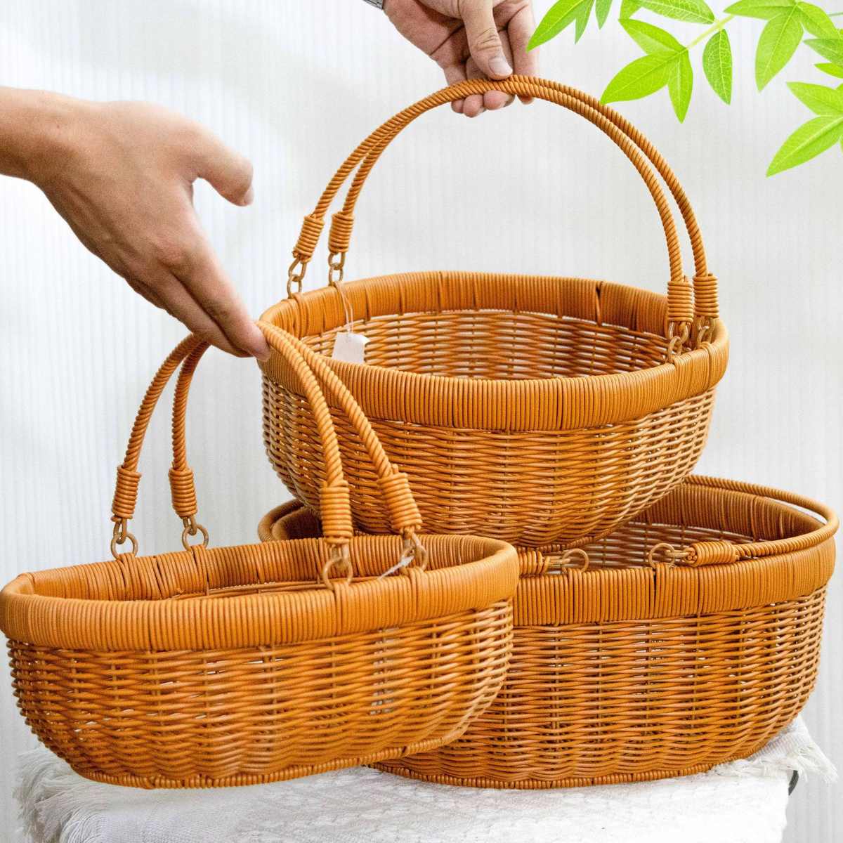 藤编野餐篮带活动把手手提篮手工编买菜篮水果收纳篮购物篮采摘篮