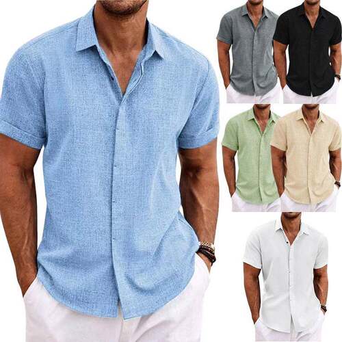 Men Casual Button Front Sleeve Plain Shirt Breathable Linen