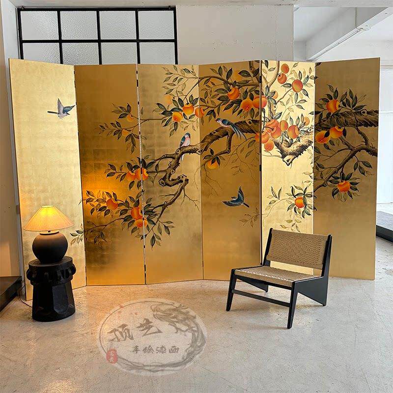 新中式手绘金箔屏风客厅工作室隔断柿子折叠屏风可移动