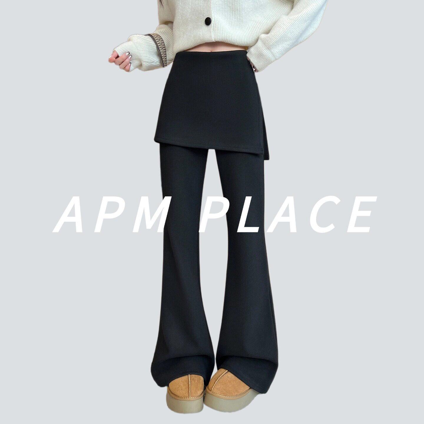 韩国APMPLACE假两件屁帘微喇叭裤子女2026年早春新款高腰韩系穿搭