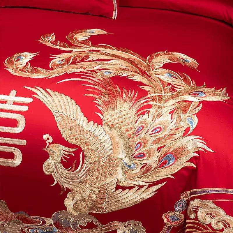 高端轻奢160S长绒棉贡缎刺绣结婚四件套全棉婚庆绣花六件套十件套