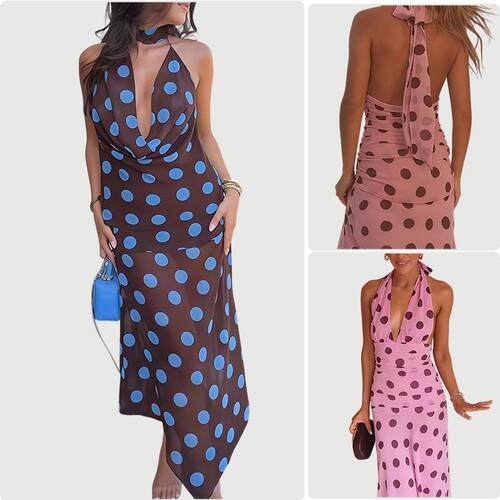 Sexy Vacation Color Block Dot Halter Sleeveless Dress.