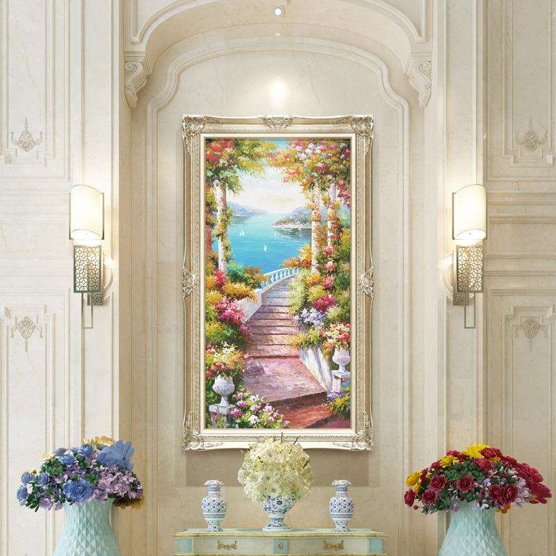 欧式玄关装饰画风景油画地中海挂画简欧壁画走廊画过道玄幻竖版画