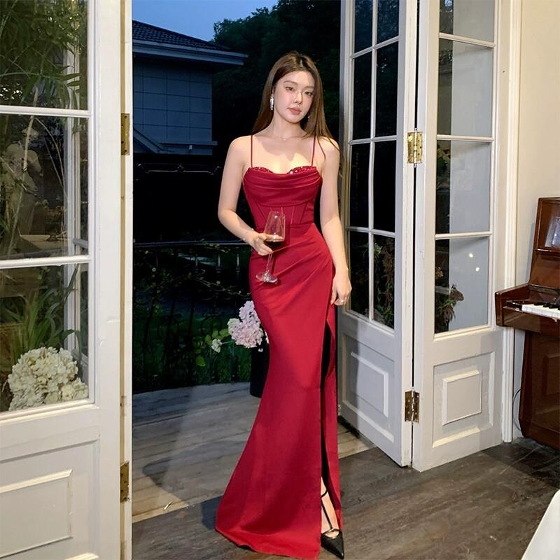 性感吊带晚礼服开叉长版女气质名媛宴会主持人舞台走秀包臀连衣裙