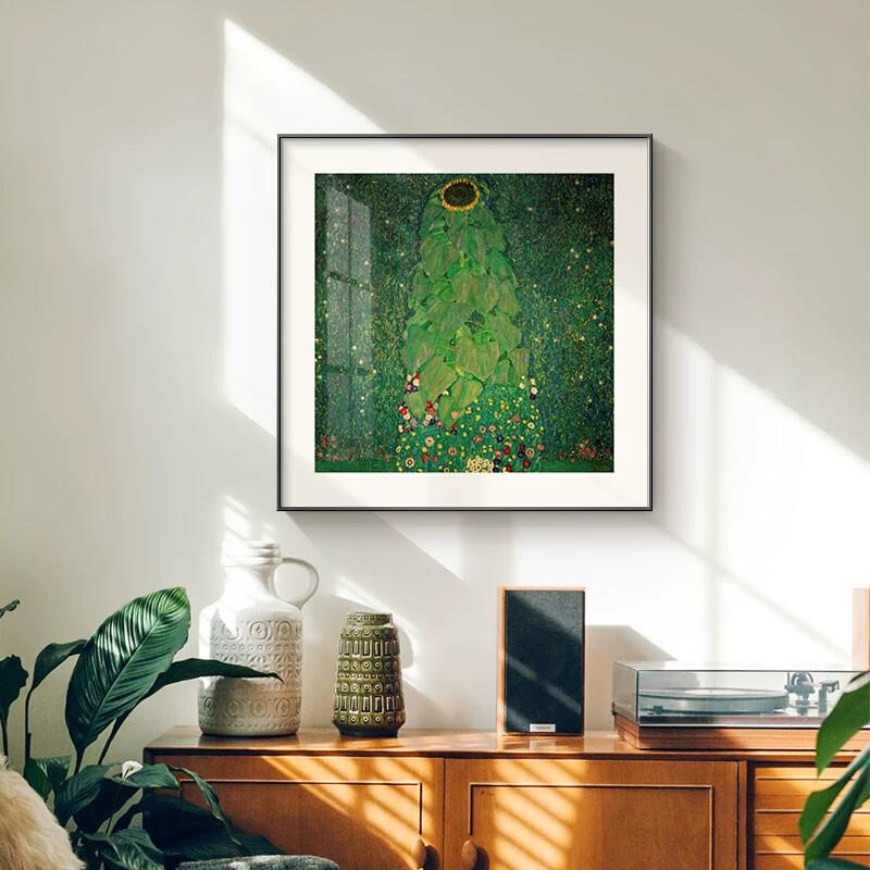北欧小众复古玄关装饰画客厅墨绿色挂画克里姆特向日葵壁画名画