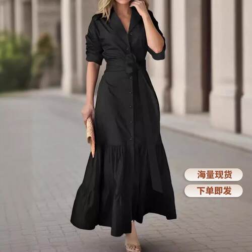 Solid Button Front Belted Dress Elegant Ruched Sleeve