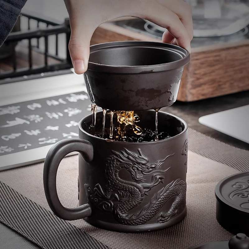 紫砂办公杯男士个人专用喝水杯内胆过滤泡茶杯茶水分离带壶承定制