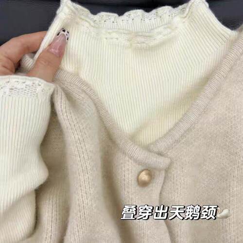 秋冬别致高领毛衣蕾丝打底衫女木耳边针织衫百搭洋气上衣冬0926e