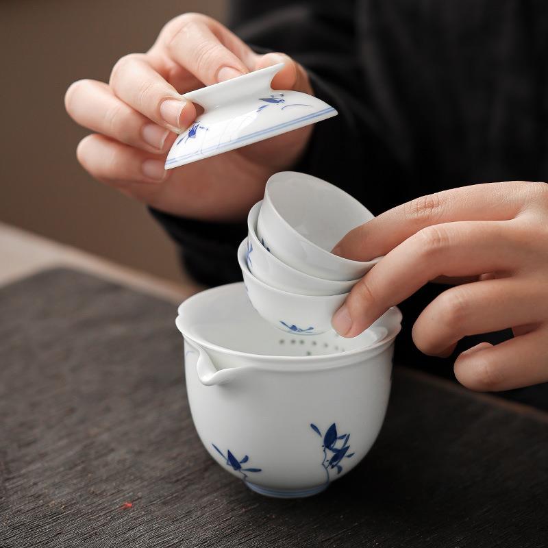 户外旅行茶具猪油白釉下纯手绘快客杯一壶三杯便携式茶具旅游茶具